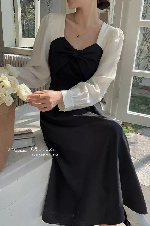 絕版孤品｜法式復古赫本風氣質撞色顯瘦長袖洋裝