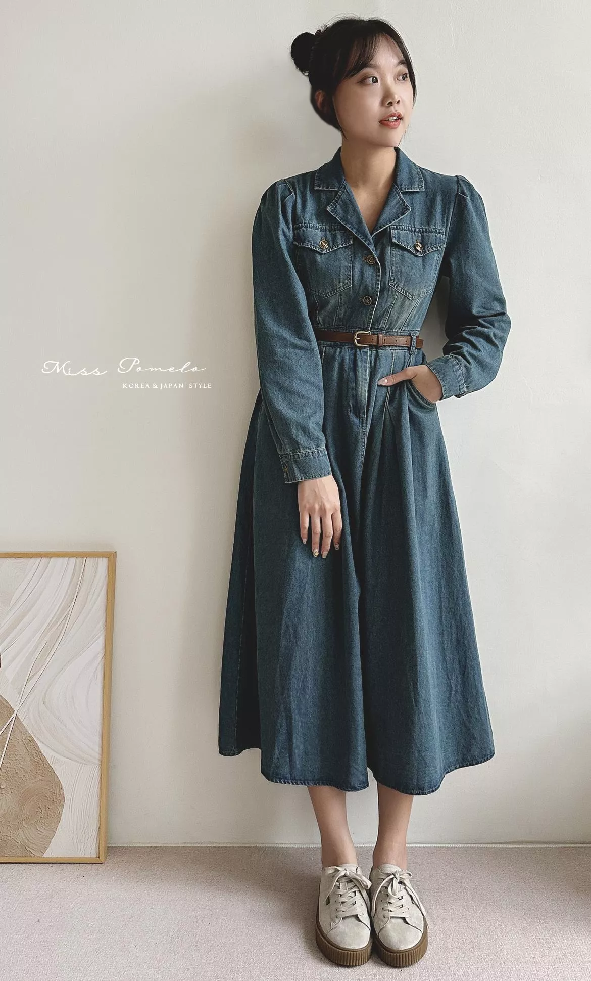絕版孤品｜復古牛仔洋裝。法式氣質高級感翻領顯瘦泡泡長袖洋裝（附皮帶）