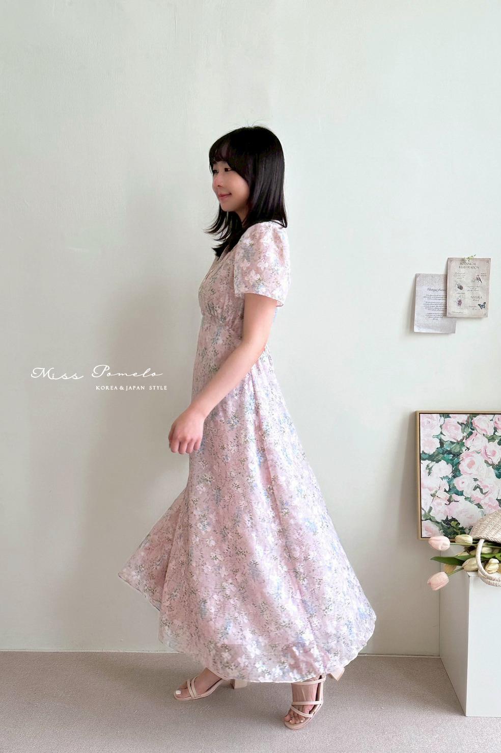 正韓碎花洋裝｜漫步花影。韓國空運質感溫柔提花銀絲線短袖長洋裝