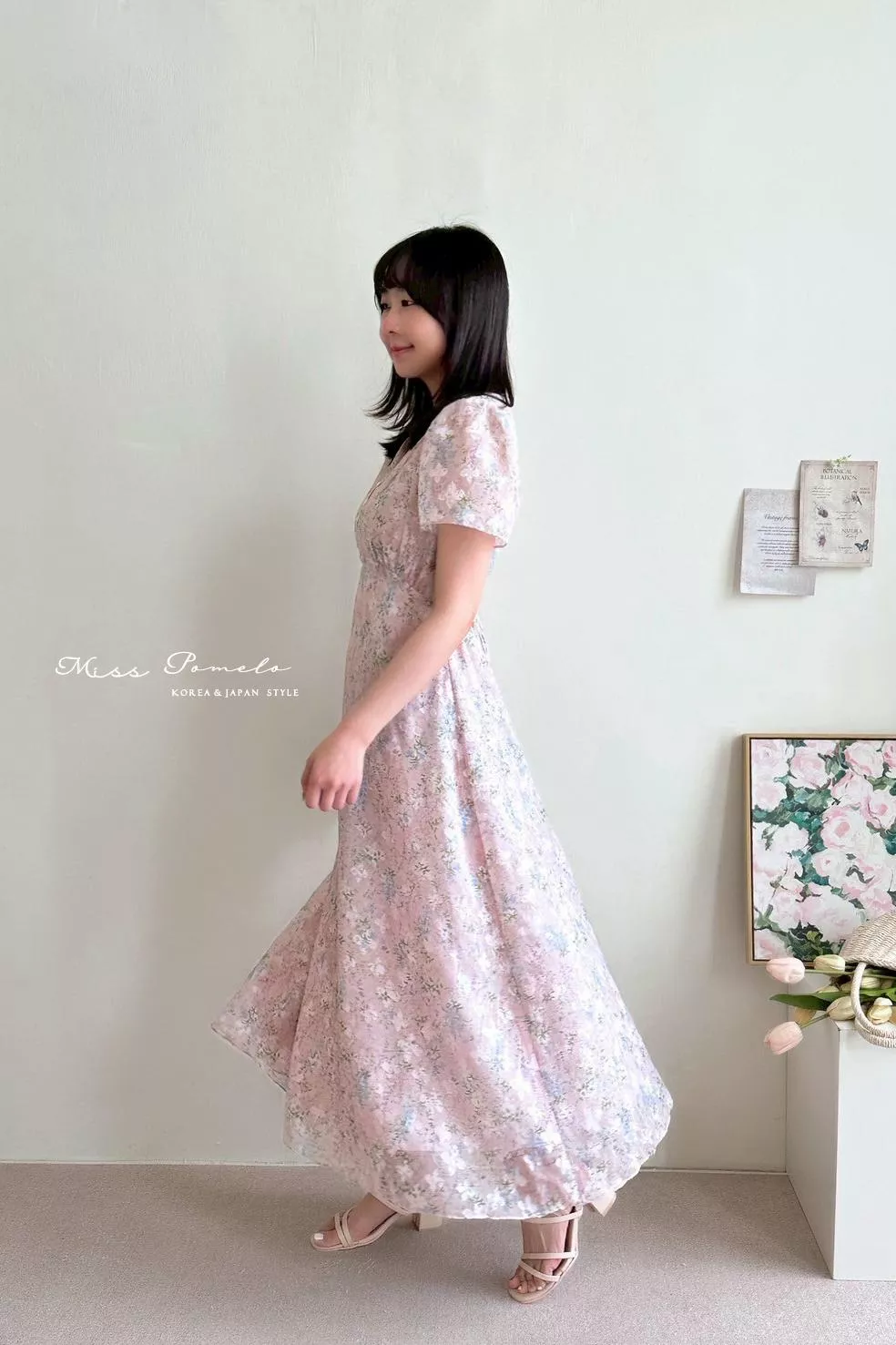 正韓碎花洋裝｜漫步花影。韓國空運質感溫柔提花銀絲線短袖長洋裝