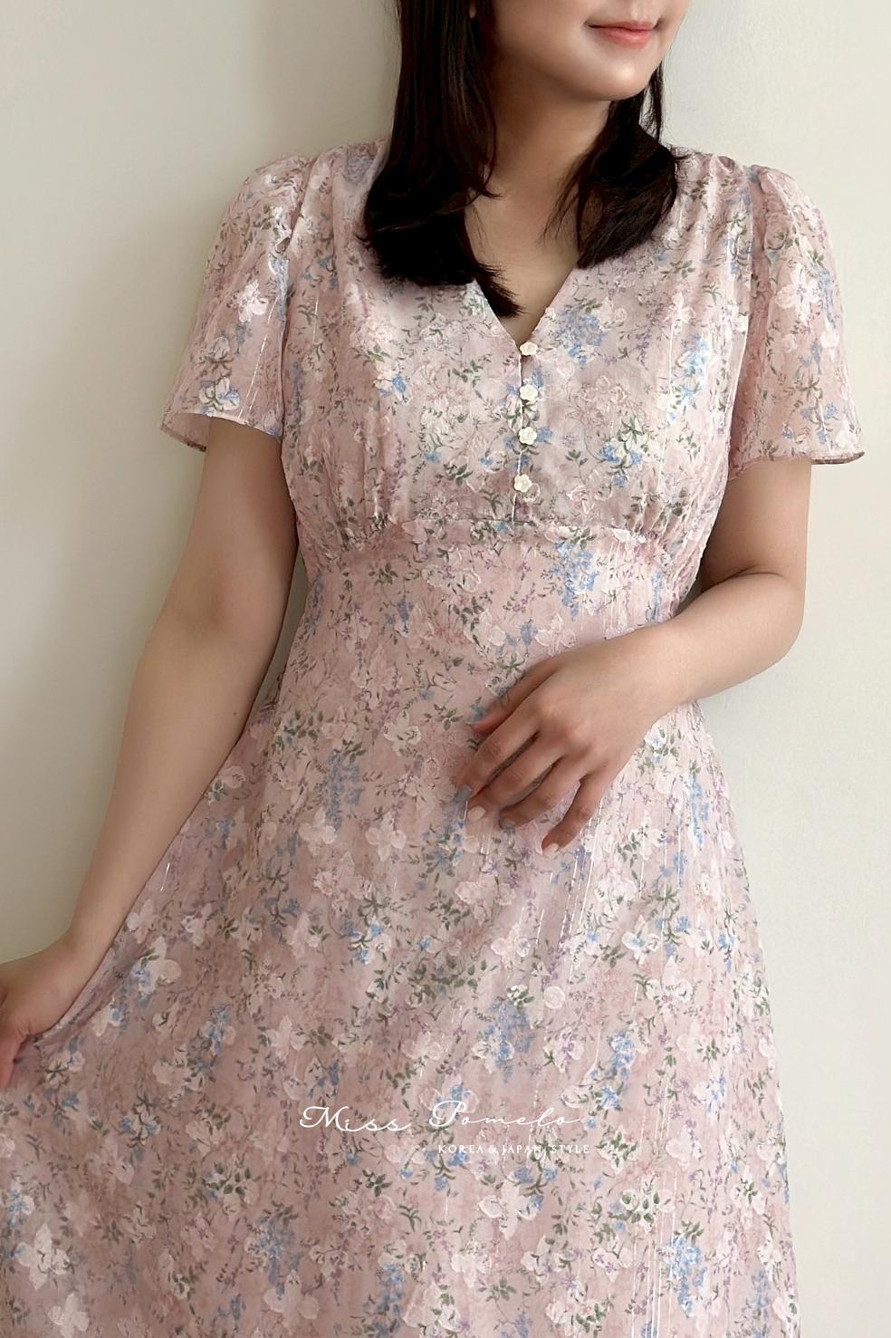 正韓碎花洋裝｜漫步花影。韓國空運質感溫柔提花銀絲線短袖長洋裝
