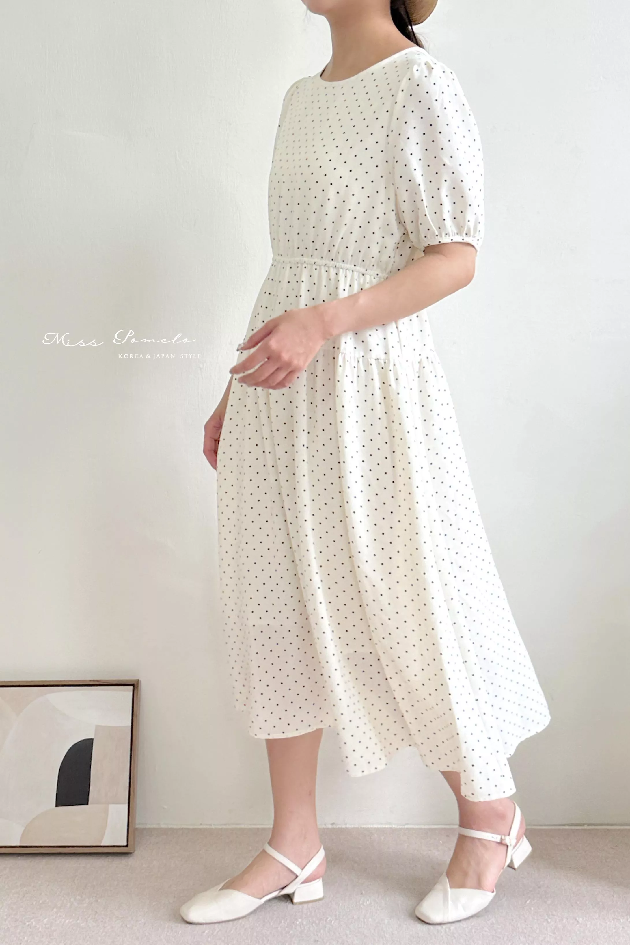 波卡圓點洋裝｜Polka dot。法式小復古後綁帶泡泡袖鬆緊腰麻料洋裝