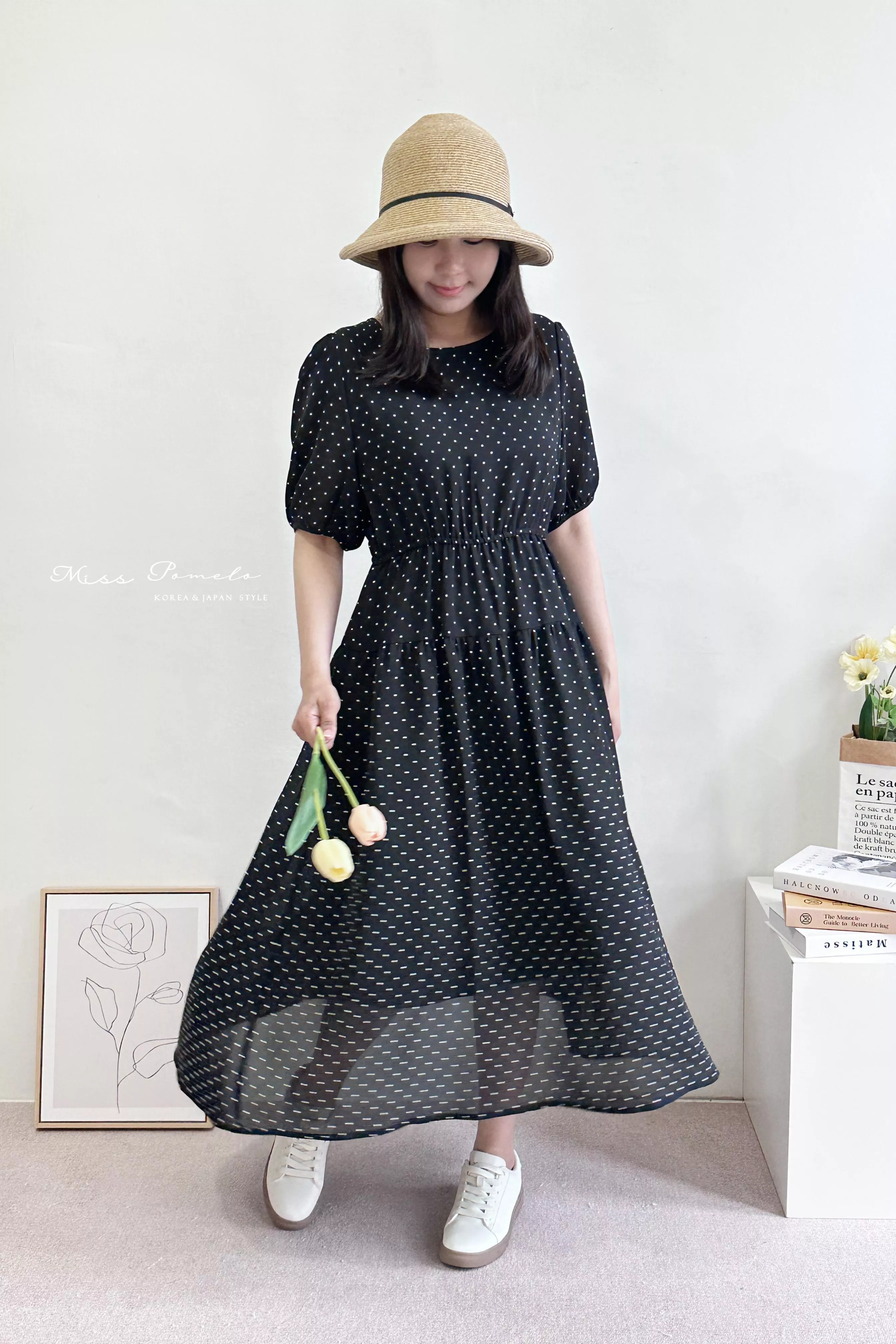 波卡圓點洋裝｜Polka dot。法式小復古後綁帶泡泡袖鬆緊腰麻料洋裝