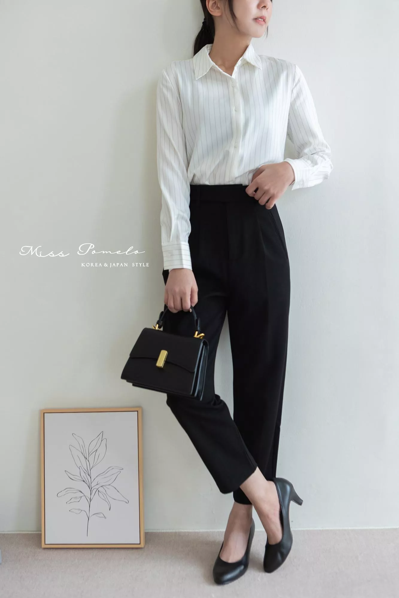 絕版孤品｜知性簡約。韓系經典後鬆緊腰百搭顯瘦口袋高腰煙管褲