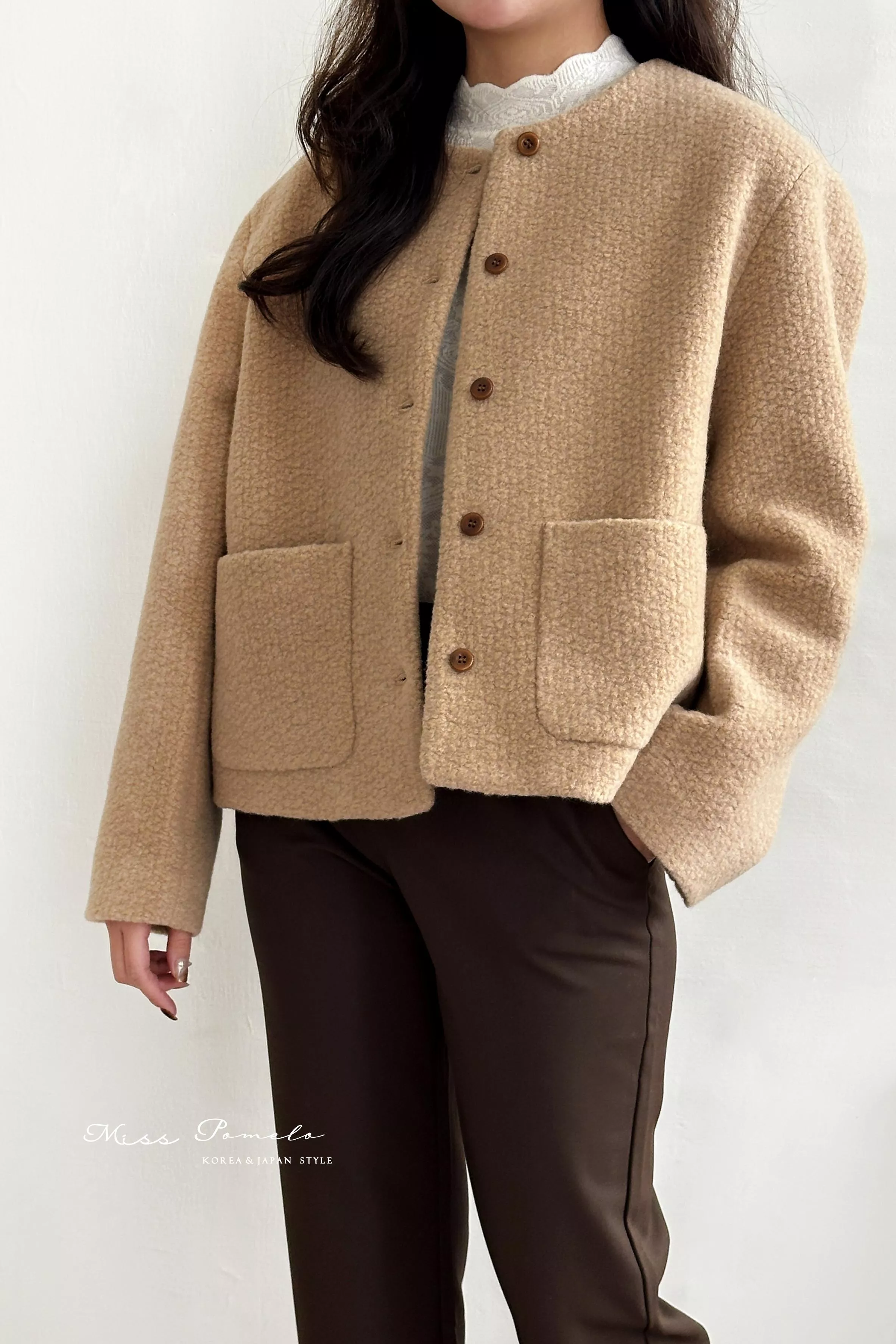 絕版孤品｜復古氛圍。韓系簡約休閒圓領夾棉大口袋短版大衣外套