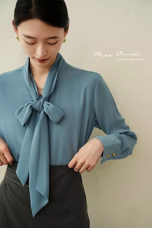 通勤長袖襯衫｜自信優雅。韓系簡約時髦綁帶金屬扣長袖雪紡上衣