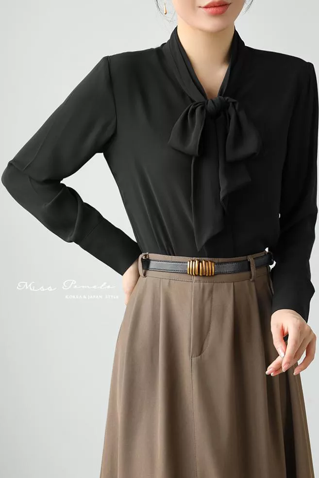 通勤長袖襯衫｜自信優雅。韓系簡約時髦綁帶金屬扣長袖雪紡上衣