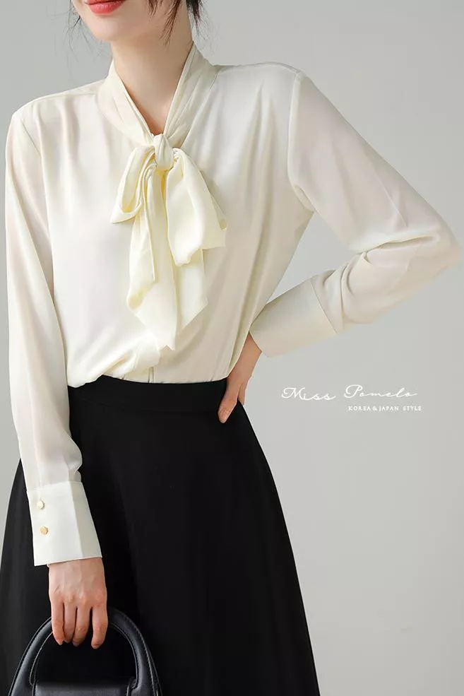 通勤長袖襯衫｜自信優雅。韓系簡約時髦綁帶金屬扣長袖雪紡上衣