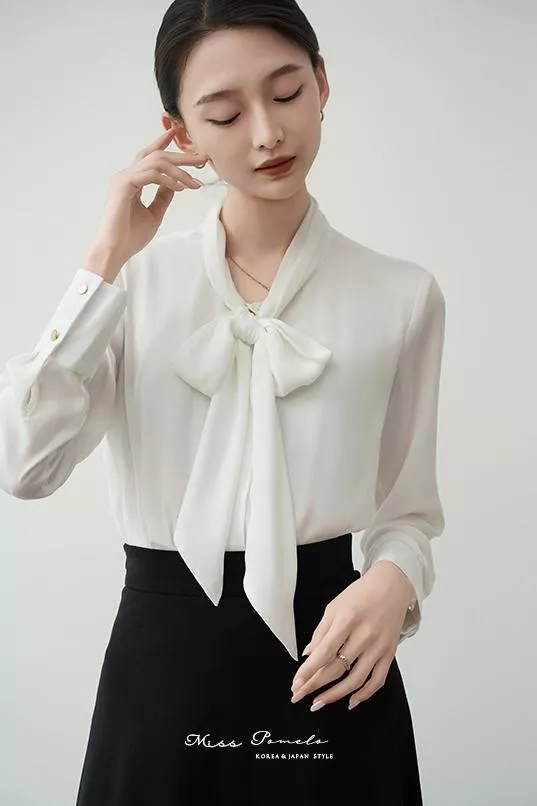 通勤長袖襯衫｜自信優雅。韓系簡約時髦綁帶金屬扣長袖雪紡上衣