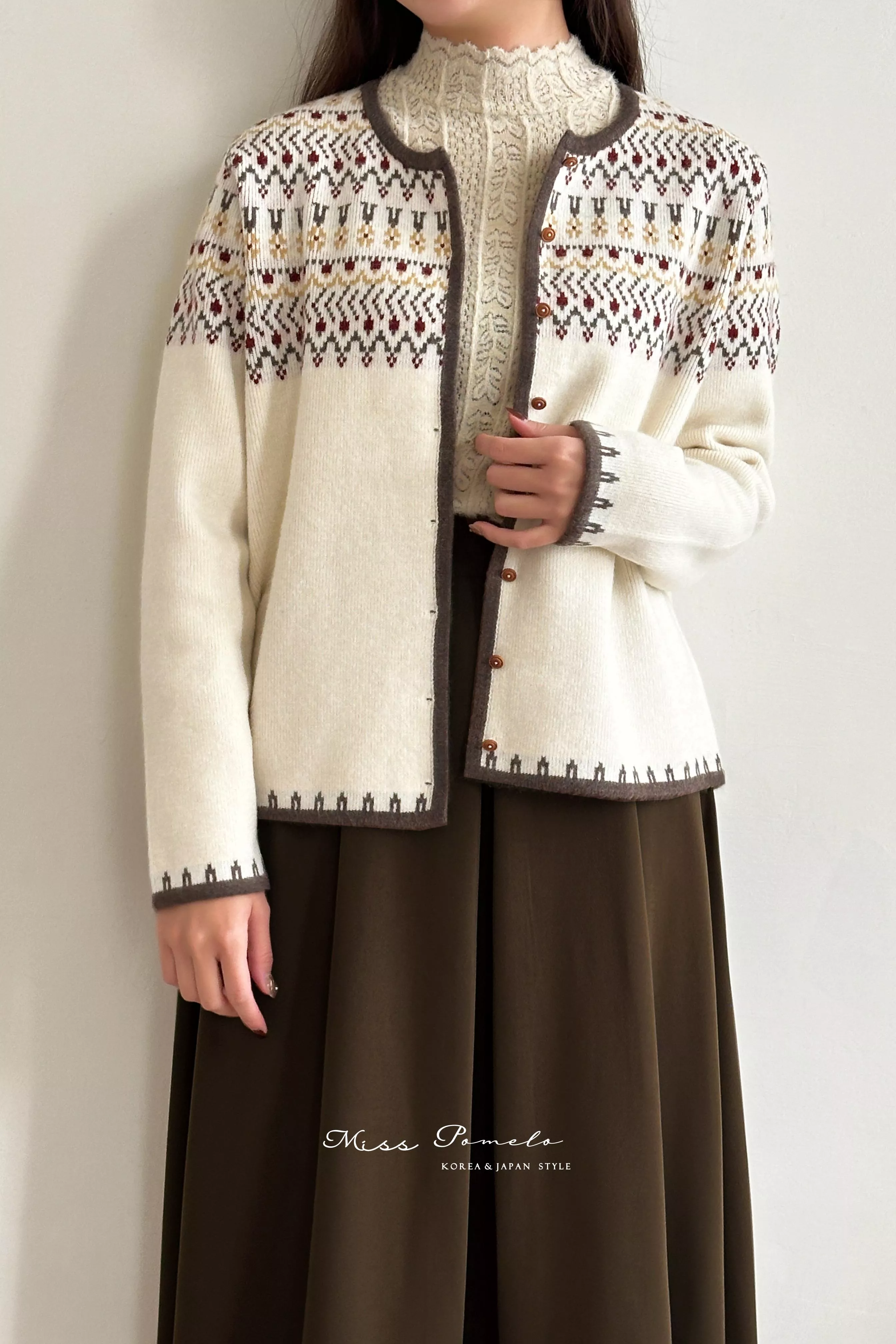絕版孤品｜費爾島提花。北歐溫暖質感民族風圓領針織毛衣外套（香草米白）