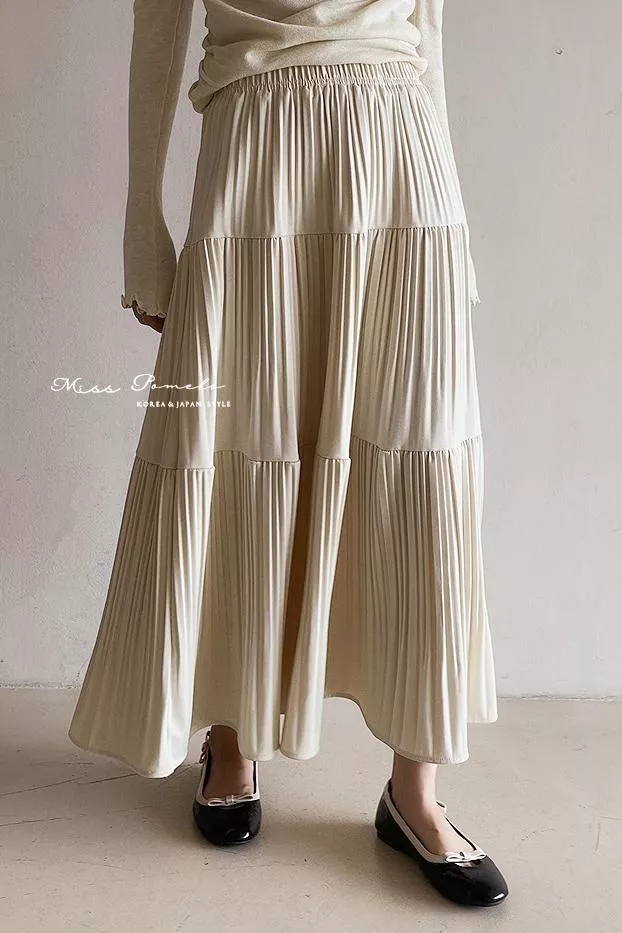 褶皺感A字裙｜秋日輪廓。韓系簡約百搭壓摺鬆緊腰長裙