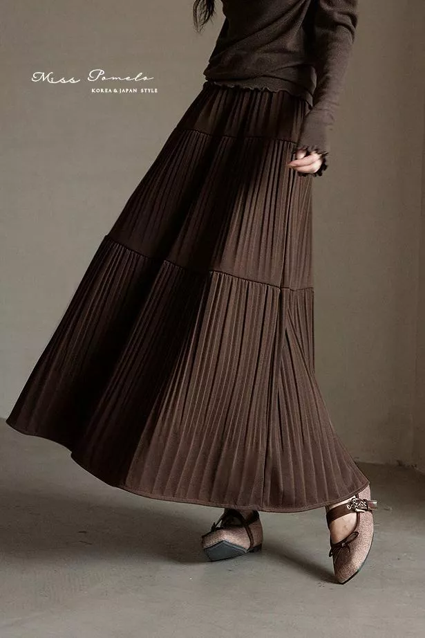 褶皺感A字裙｜秋日輪廓。韓系簡約百搭壓摺鬆緊腰長裙