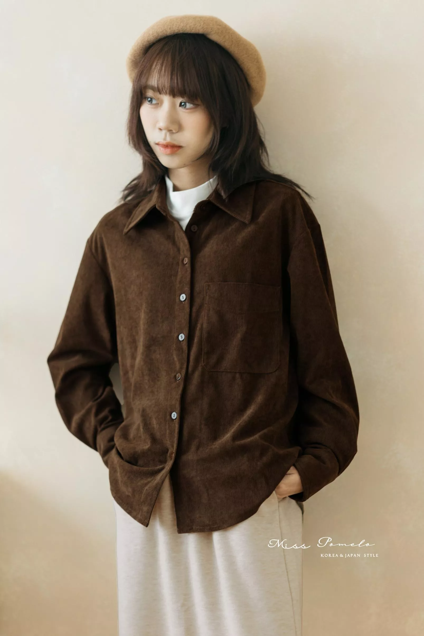 燈芯絨長袖襯衫｜冬日序章。日系復古文青翻領口袋長袖襯衫