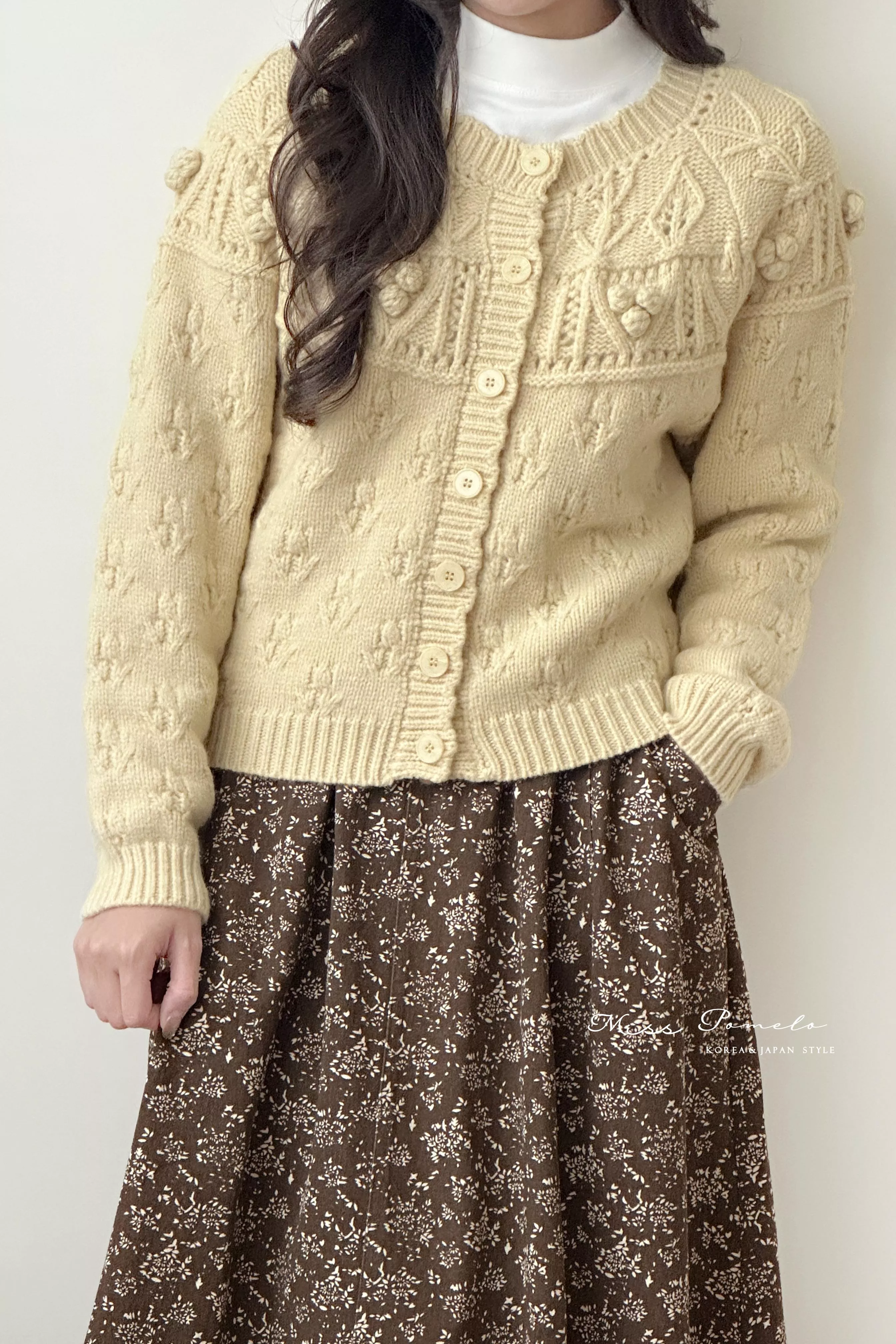 毛衣外套｜森林果園。日系復古溫暖手工立體球球鏤空編織針織外套（奶油黃）