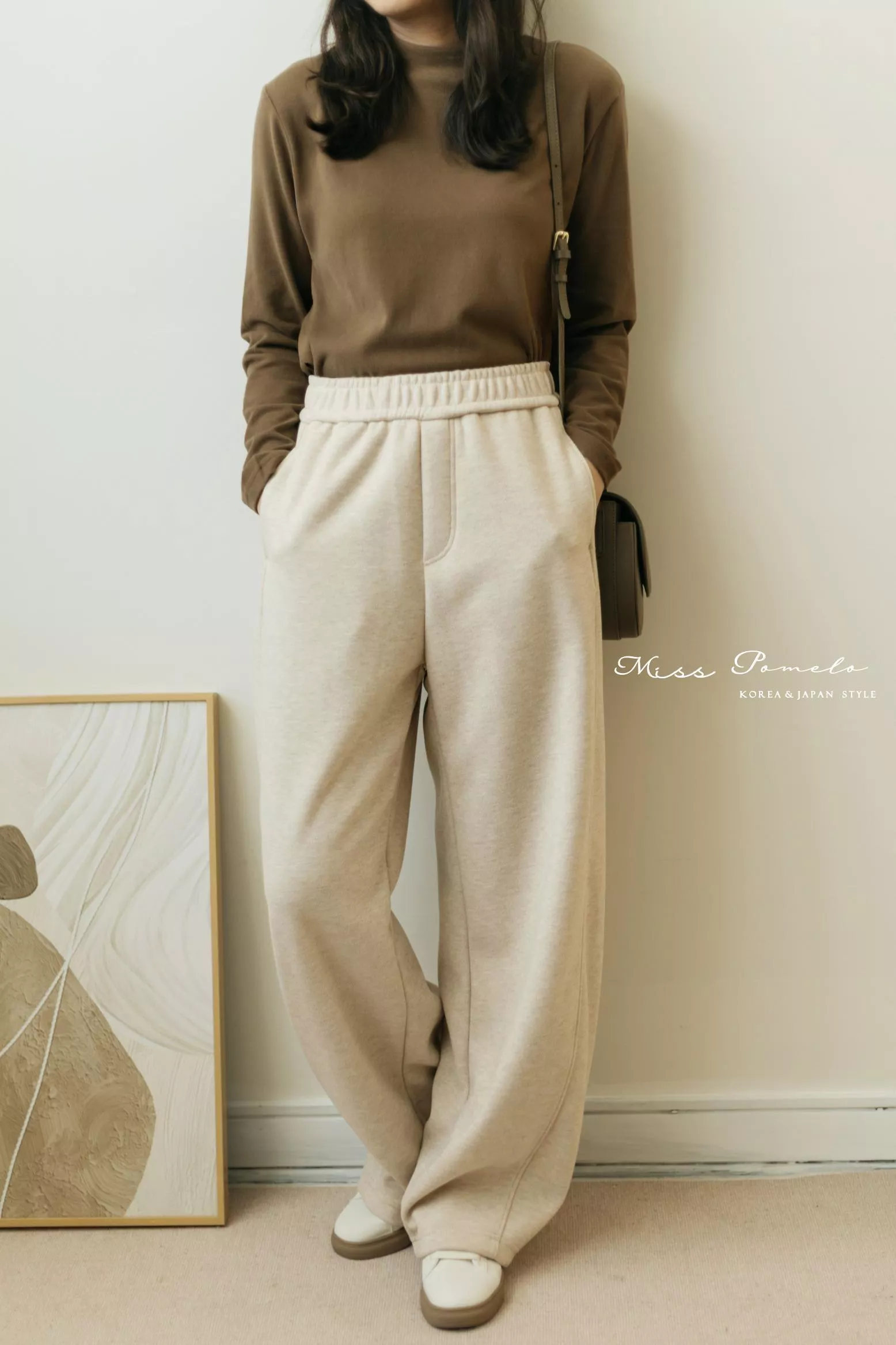 醋酸羊毛香蕉褲｜好穿又顯瘦！鬆緊腰口袋休閒褲寬褲。闊腿褲。落地褲（燕麥米）