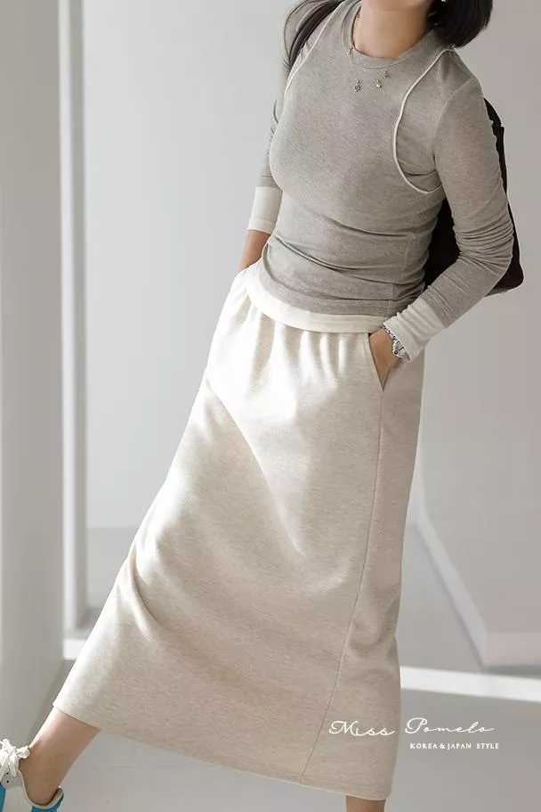 質感醋酸羊毛直筒裙｜日常步調。韓系簡約休閒鬆緊腰口袋後開岔長裙（燕麥米）
