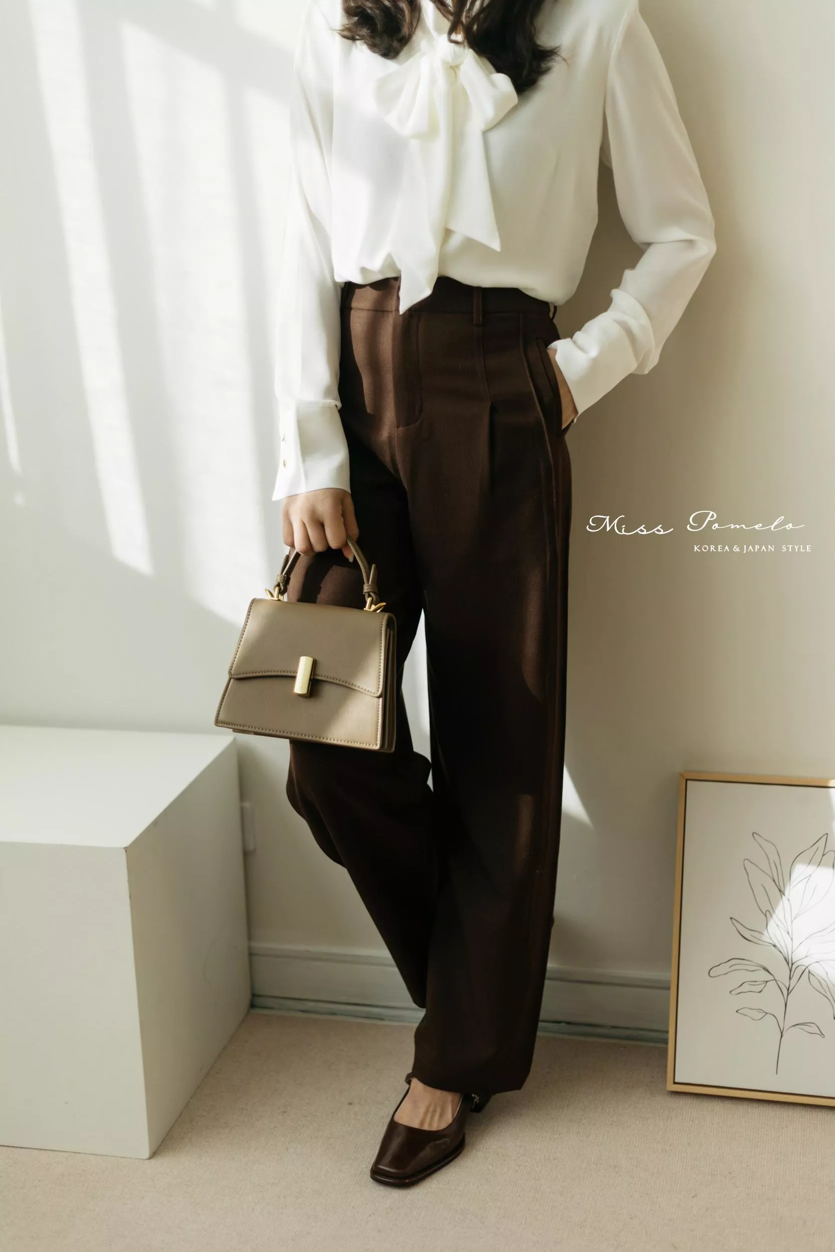 通勤簡約西裝褲｜日常輪廓。高品質口袋後鬆緊腰羊毛彎刀褲。直筒長褲（深焙可可）