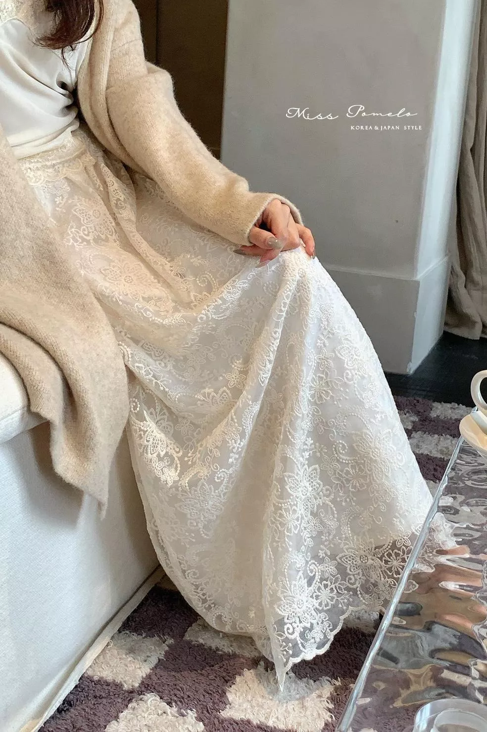 蕾絲刺繡A字裙｜Floréal。法式復古浪漫鬆緊腰長裙（花園米白）