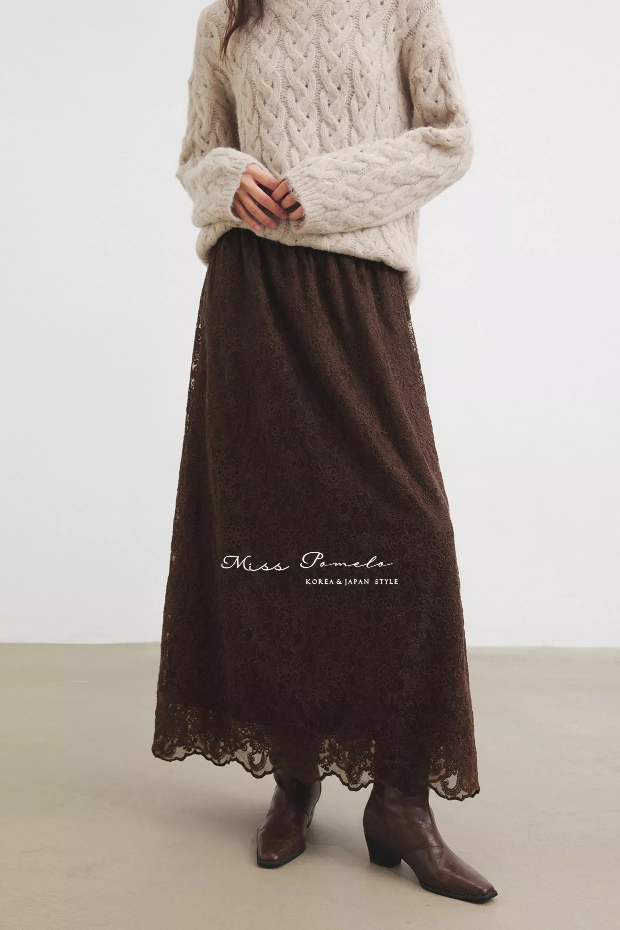 蕾絲刺繡A字裙｜Floréal。法式復古浪漫鬆緊腰長裙（暮色可可棕）