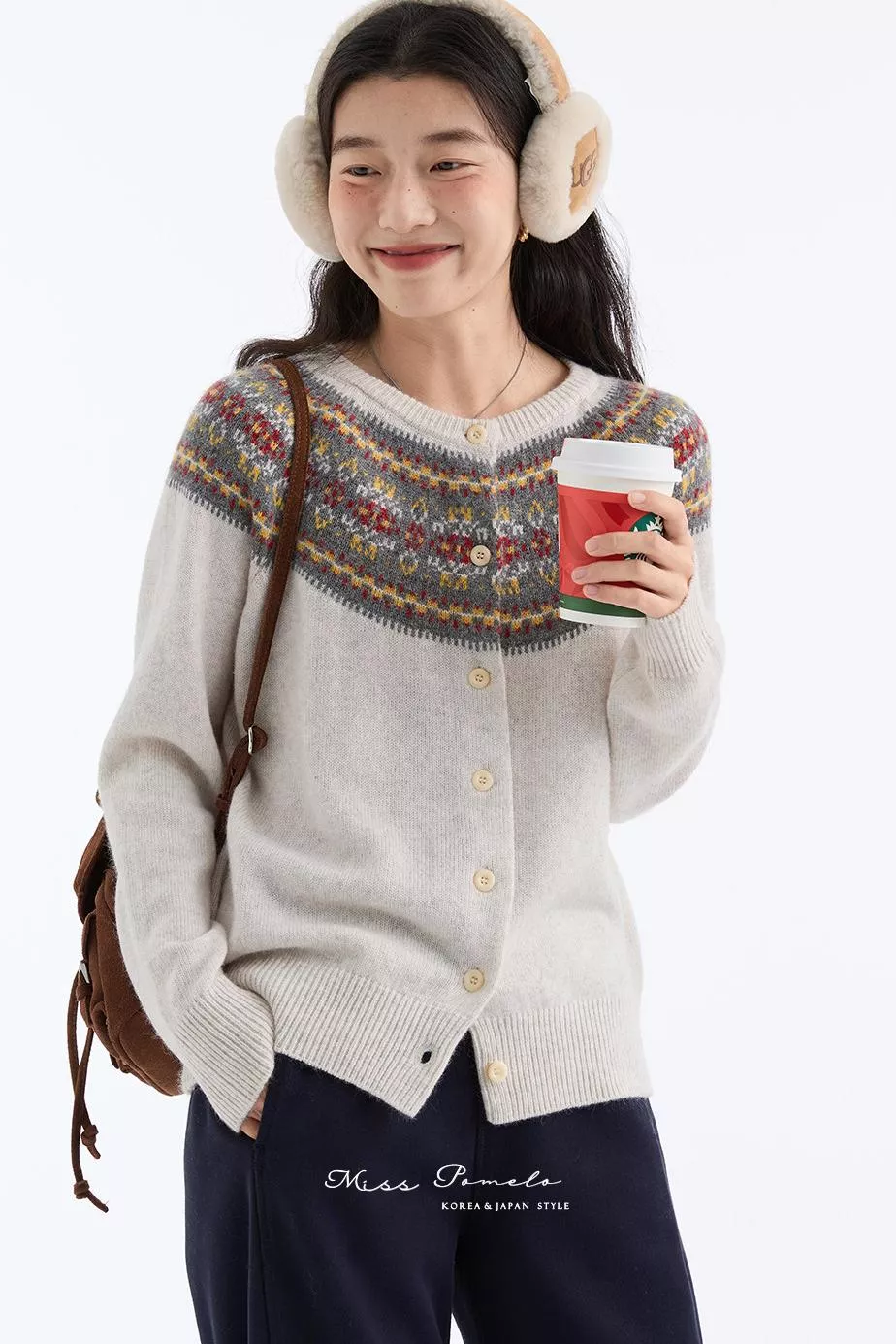 北歐提花針織外套｜Nordlys 北境之光．費爾島提花羊毛開襟外套（燕麥米灰）