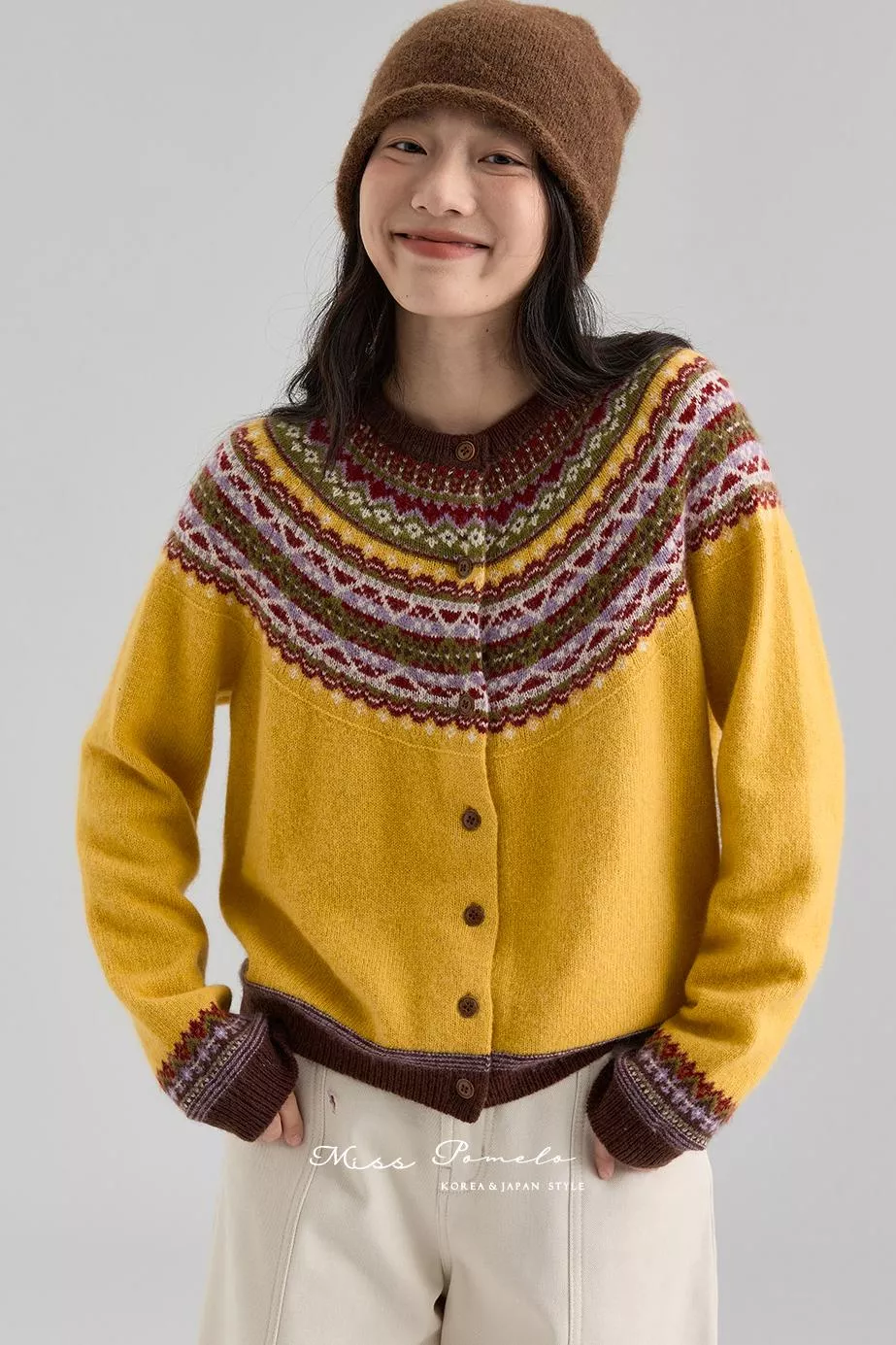 費爾島提花毛衣外套｜Winter Light．50%羊毛針織外套（陽光芥黃）