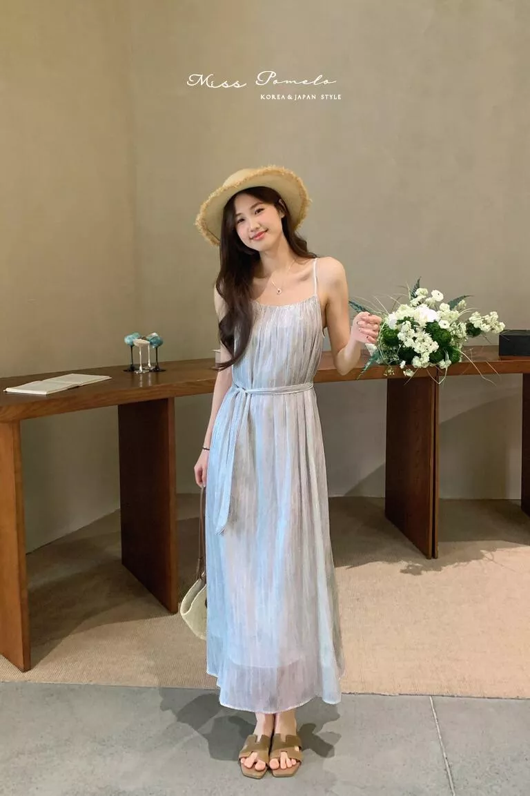 度假風吊帶長裙｜柔光流影。法式仙氣浪漫細肩帶綁帶長洋裝（高級灰）