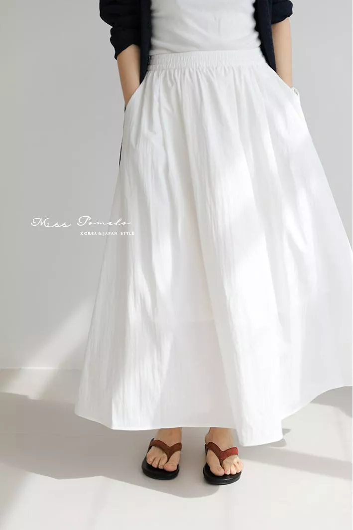 皺感肌理A字裙｜輕盈輪廓。法式經典慵懶鬆緊高腰口袋大裙襬長裙（晨光白）