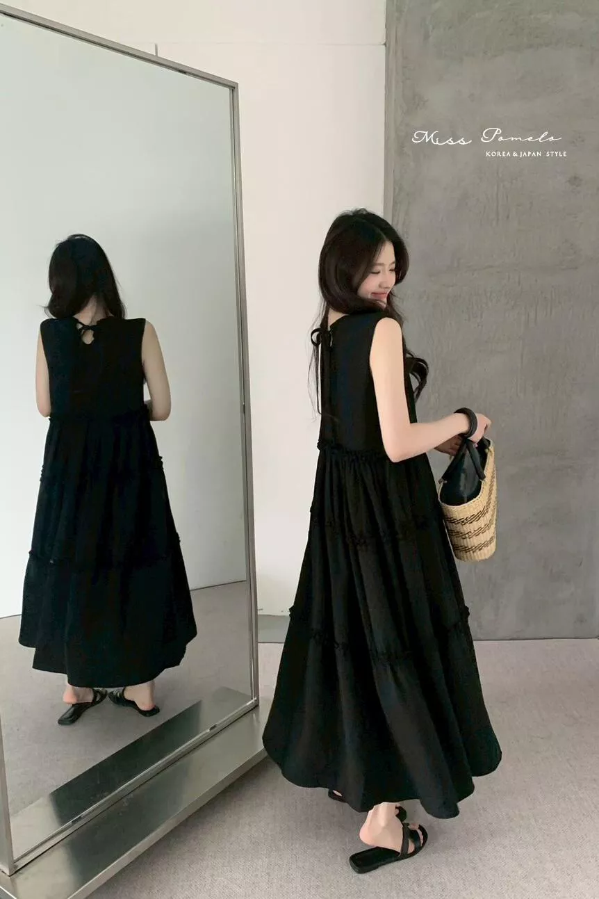 直條肌理感背心裙｜溫柔日常。日系復古荷葉邊後綁帶寬鬆蛋糕裙。娃娃裙