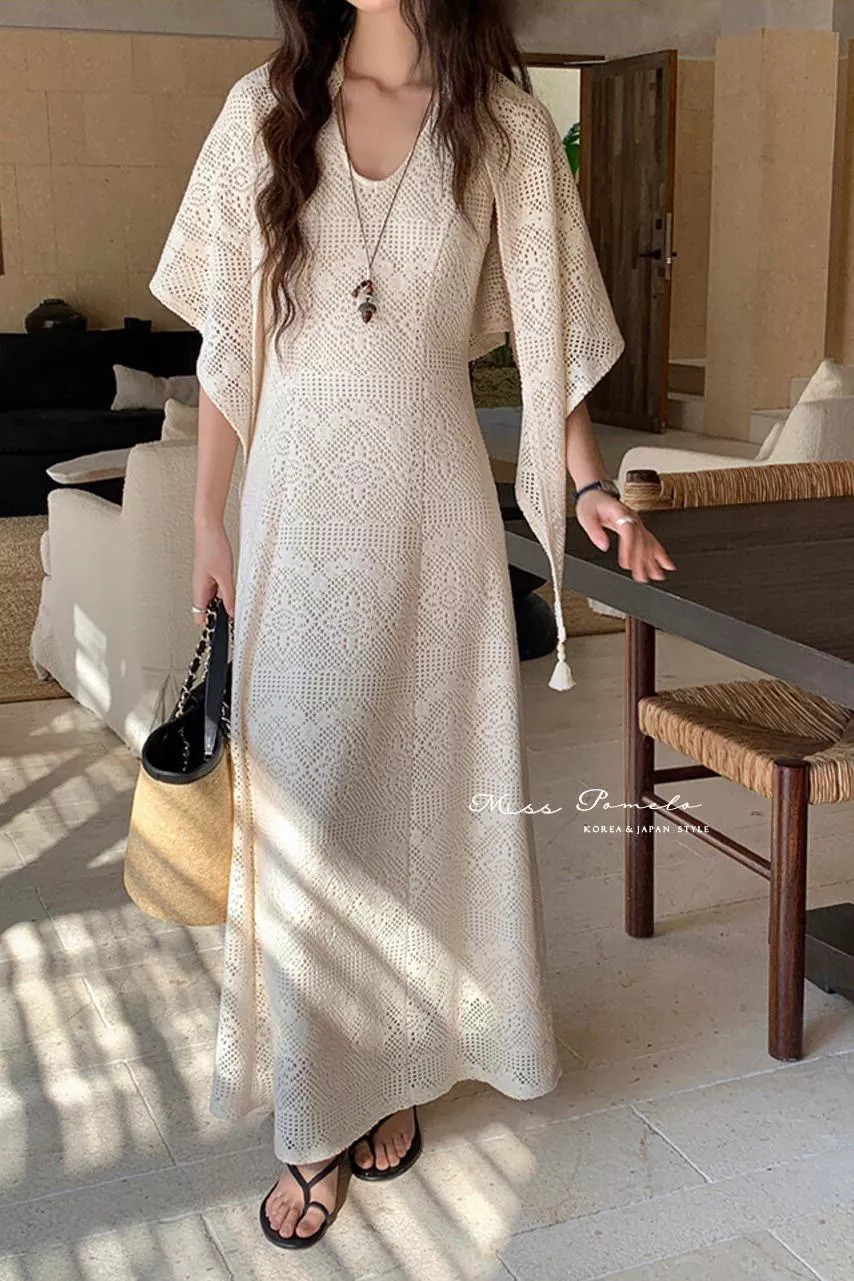 兩件式鏤空鉤花套裝｜夏日柔光。法式復古高品質波西米亞蕾絲背心裙＋披肩