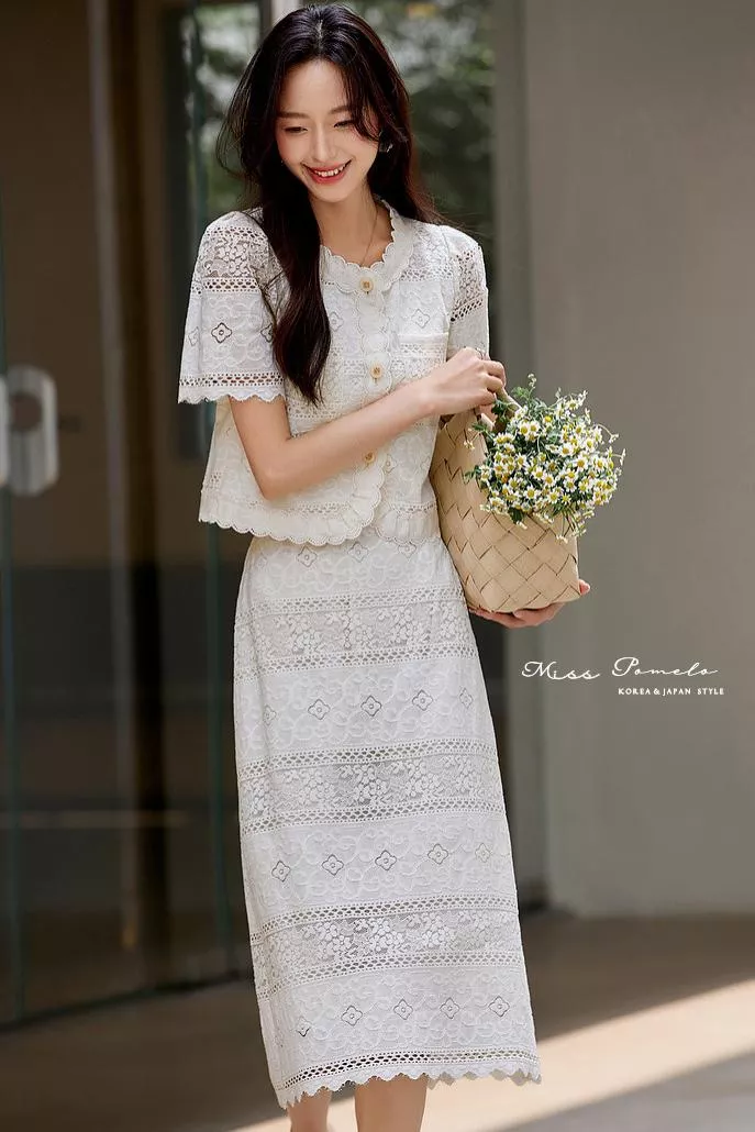 鏤空蕾絲兩件式套裝｜Vanilla Lumiere。法式高品質名媛短外套＋A字裙