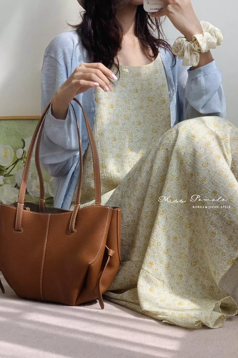 碎花吊帶裙｜午後花園。日系小復古寬鬆細肩帶長洋裝。背心裙（附髮圈）（香草花園 ）