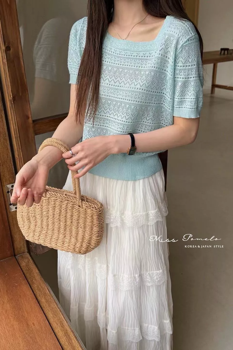 溫柔鏤空短袖針織衫｜拾光編織。法式柔美方領亞麻編織上衣（晴空海鹽）