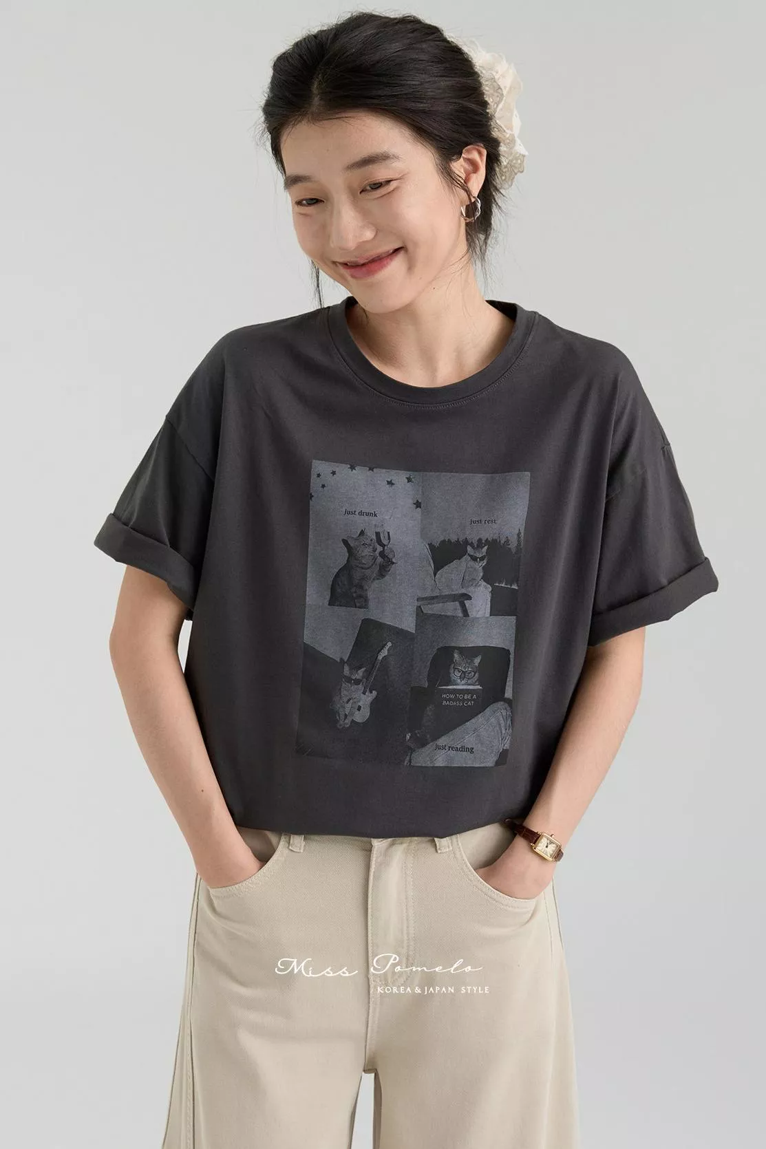貓貓短袖T恤｜貓咪的四種日常．美式復古帥氣膠片Cat印花寬鬆慵懶Tee（午夜膠卷）