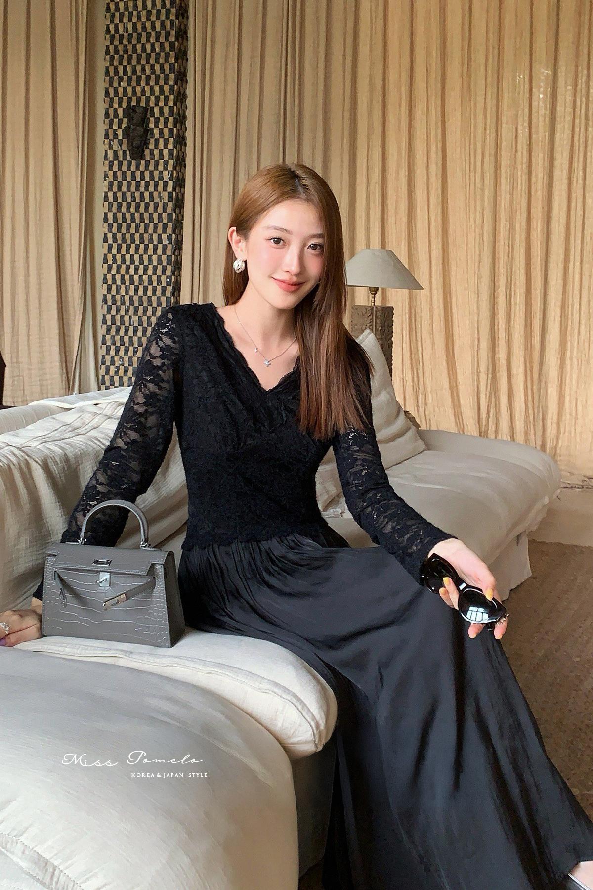 花序微光。法式優雅蕾絲拼接細褶長袖洋裝（午夜墨黑）