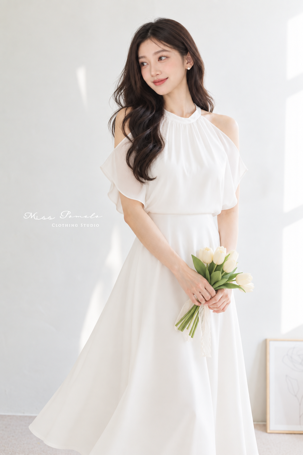 自訂款｜ Quiet White。法式優雅露肩／削肩後綁帶長洋裝（靜謐白）