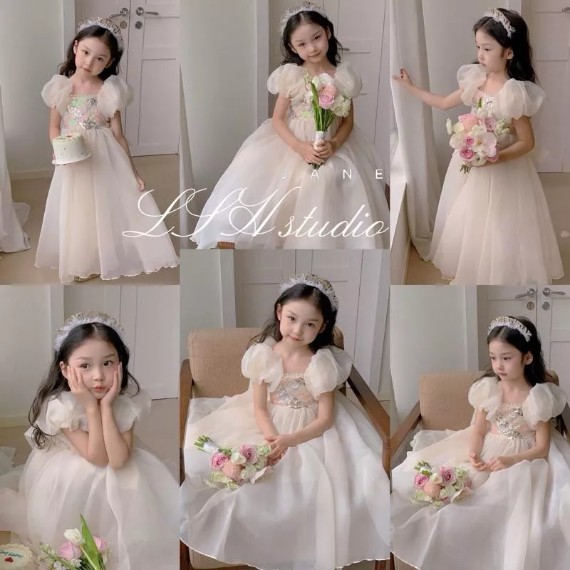 𓍯𝙡𝙨𝙝 𝙥𝙧𝙞𝙣𝙘𝙚𝙨𝙨 女童畢業典禮 花童禮服 鋼琴表演裙 幼兒園洋裝 香檳色禮服 女童短袖長洋裝 迪士尼公主洋裝