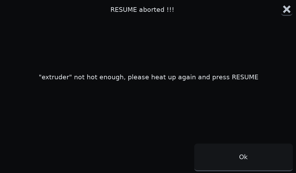 OGS 3D列印機續印失敗 RESUME aborted，提示噴頭溫度不足