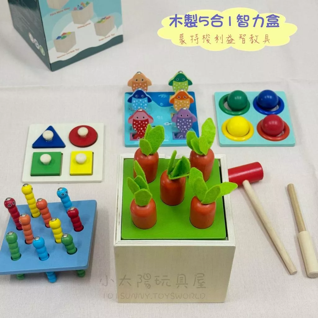 木製5合一智力盒 早教玩具 蒙特梭利幼兒園教具 磁吸釣魚敲球拔蘿蔔形狀配對捉蟲 益智認知玩具 G019