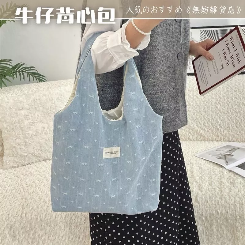 ღ無妨雜貨店ღ 牛仔背心包 蝴蝶結單肩包 大容量購物袋 手提包通勤包