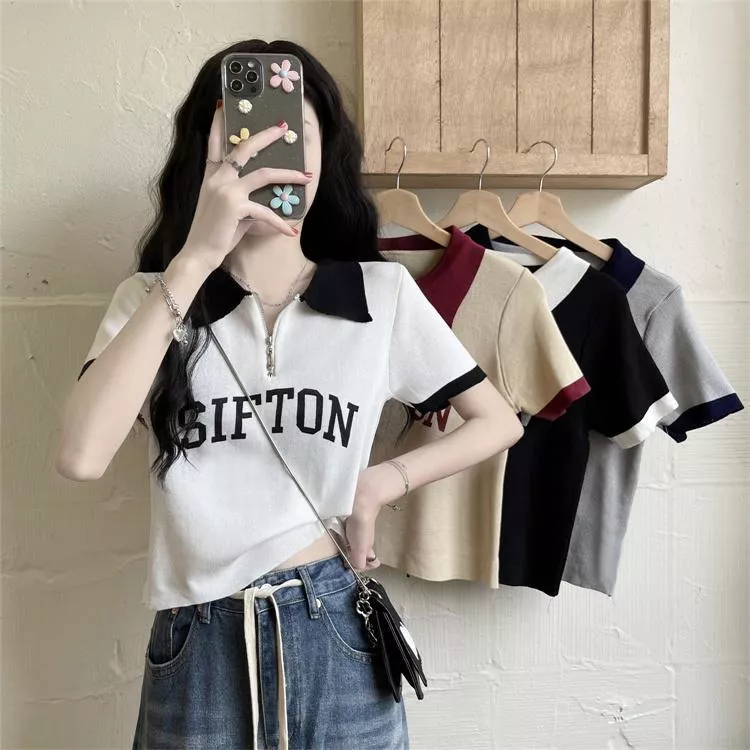 正肩短袖針織T卹印花Polo領百搭顯瘦上衣