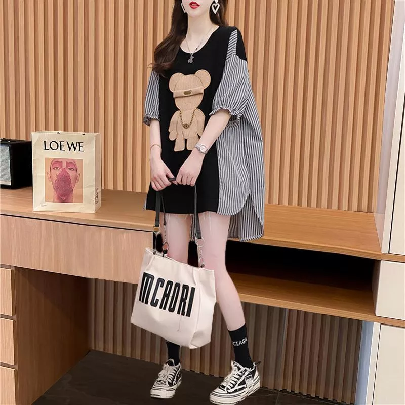 棉夏季條紋設計拼接印花圓領短袖T卹兩色