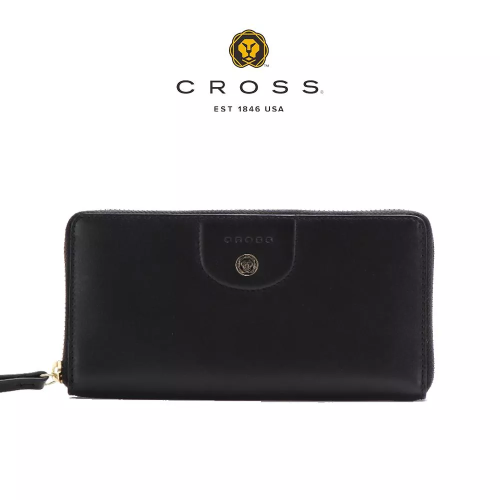 【CROSS】限量1折 頂級NAPPA小牛皮拉鍊長夾 安娜系列(黑色) 全新專櫃展示品