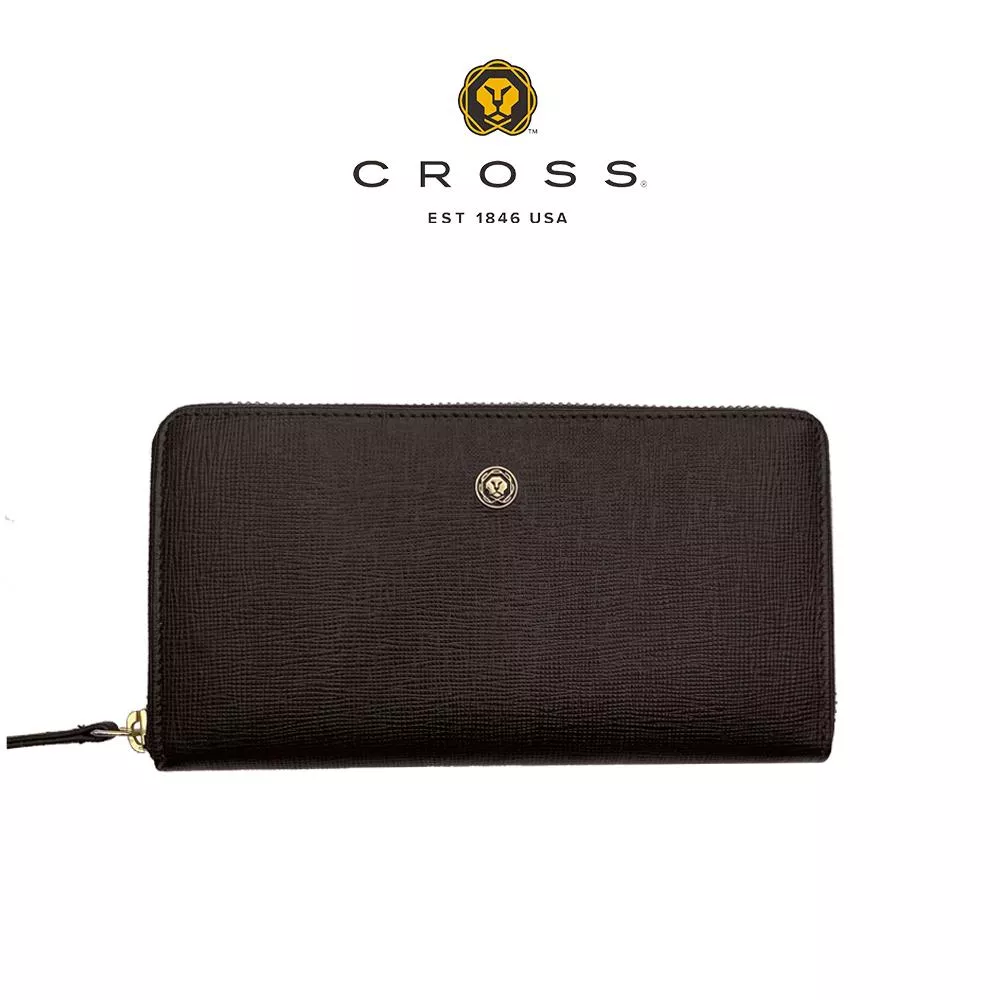 【CROSS】限量1折 頂級小牛皮防刮十字紋拉鍊長夾 奧莉薇系列 全新專櫃展示品(咖啡色)