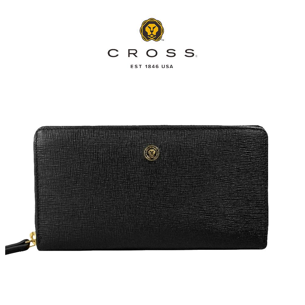 【CROSS】頂級小牛皮防刮十字紋拉鍊長夾 奧莉薇系列 (黑色)