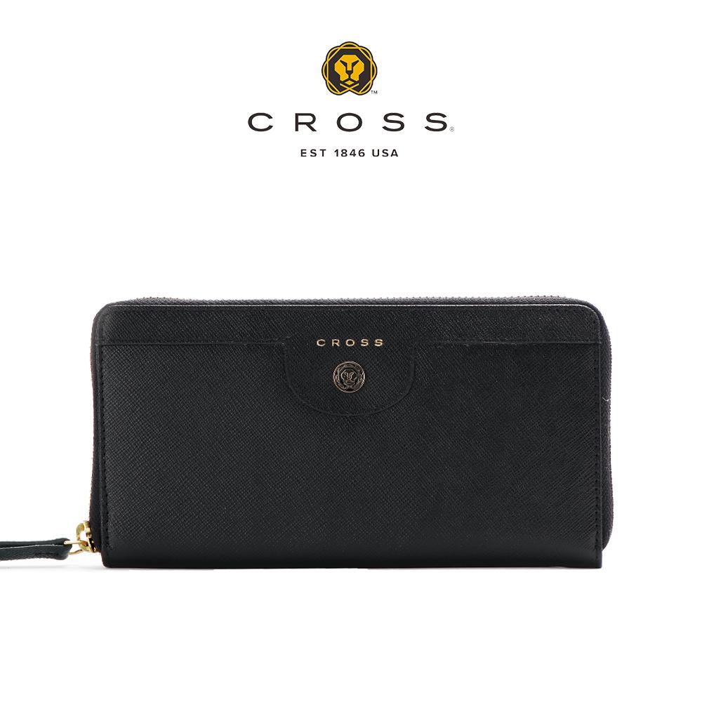 【CROSS】頂級小牛皮防刮十字紋拉鍊長夾 蘿拉系列 (黑色)