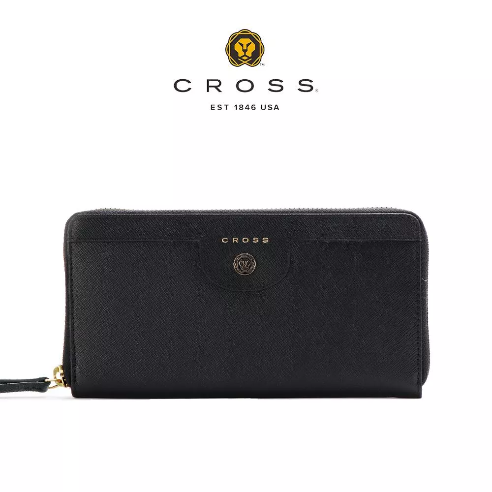 【CROSS】限量1折 頂級小牛皮防刮十字紋拉鍊長夾 蘿拉系列 全新專櫃展示品(黑色)