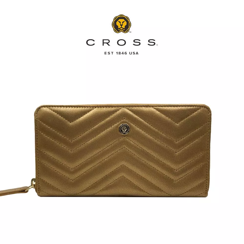 【CROSS】限量1折 頂級NAPPA小牛皮山形紋拉鍊長夾 全新專櫃展示品(發財金)