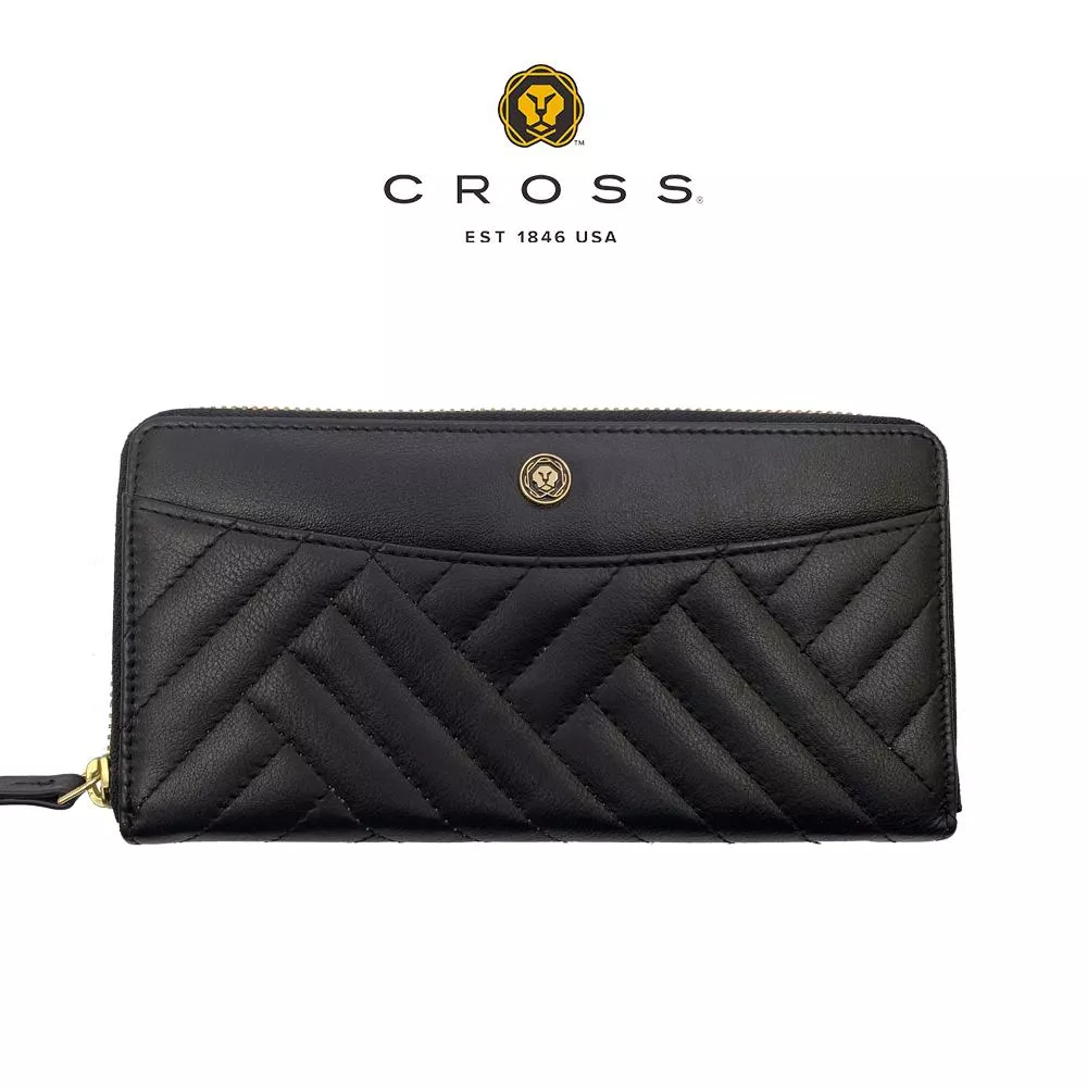 【CROSS】限量1折 頂級NAPPA小牛皮山形紋拉鍊長夾 赫莉系列 全新專櫃展示品 (黑色)