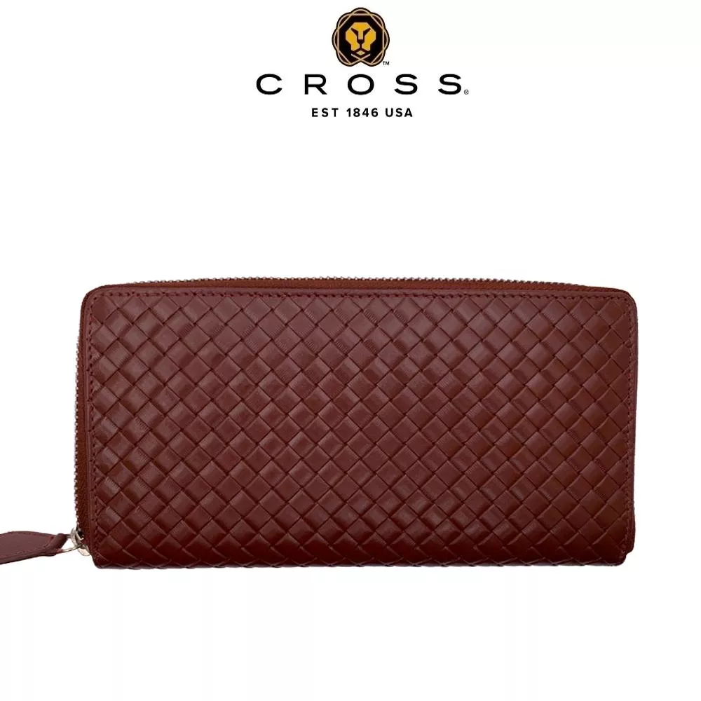 【CROSS】限量1折 頂級小牛皮編織紋拉鍊長夾 海倫系列 全新專櫃展示品 (白蘭地色)