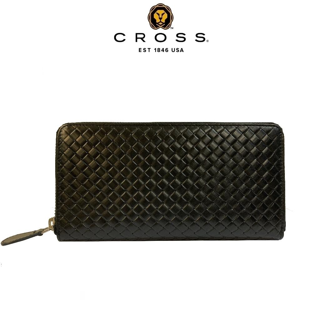 【CROSS】限量1折 頂級小牛皮編織紋拉鍊長夾 海倫系列 全新專櫃展示品 (黑色)